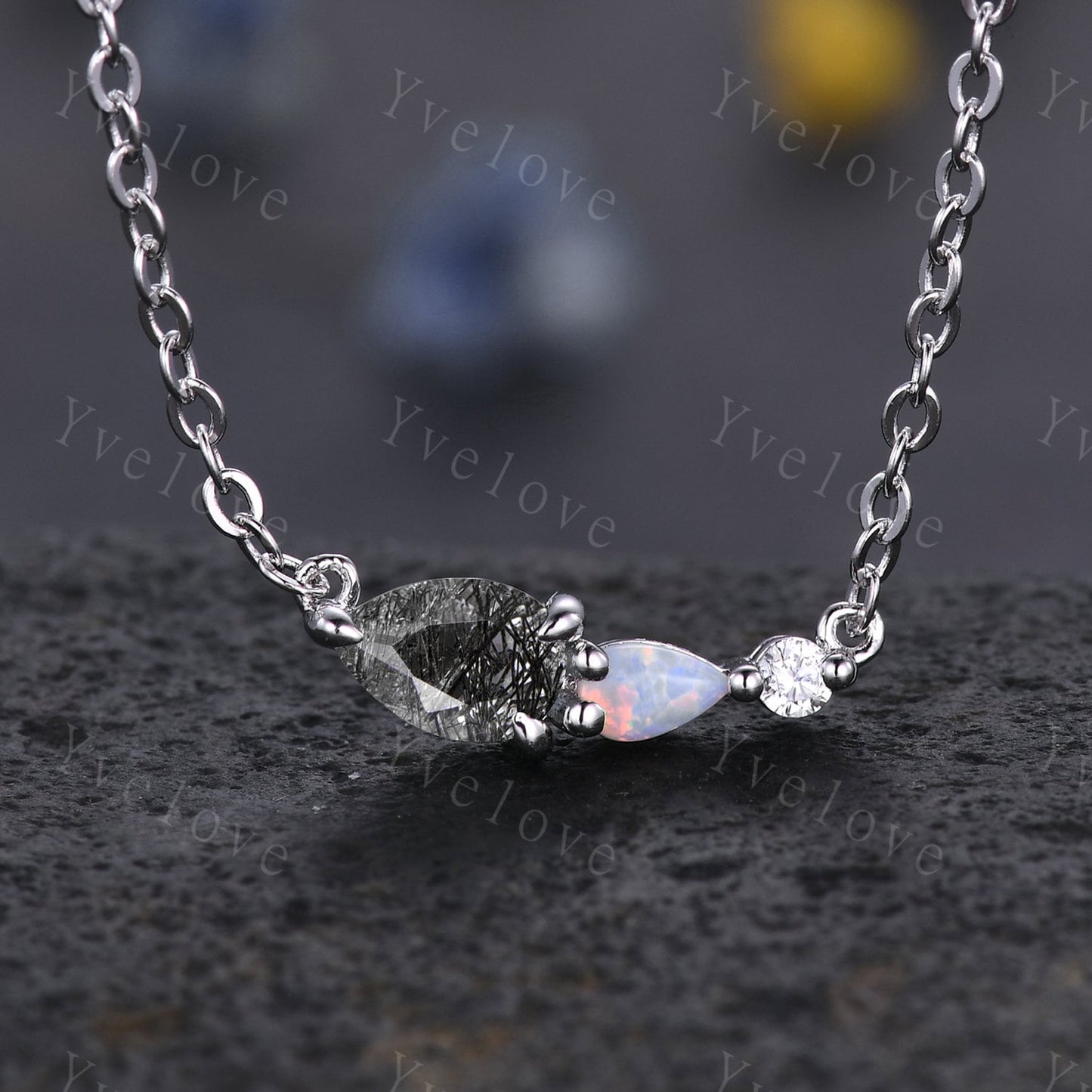 Unique Amethyst Opal Necklace,Pear Cut Gems,Art Deco Moissanite Diamond Delicate Dainty Necklace,3 Stone Unique Women Bridal Gift,Custom