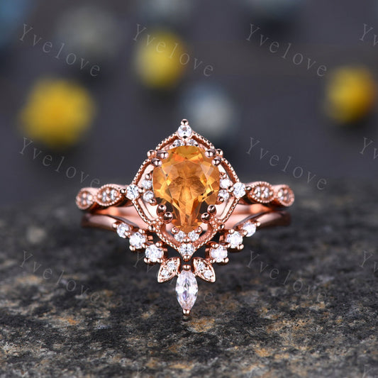 Vintage Citrine Engagement Ring Set,6x8mm Pear Shape Bridal Set,Moissanite Half Eternity Band,Solid Gold,Women Rings Gift For Her,Customized