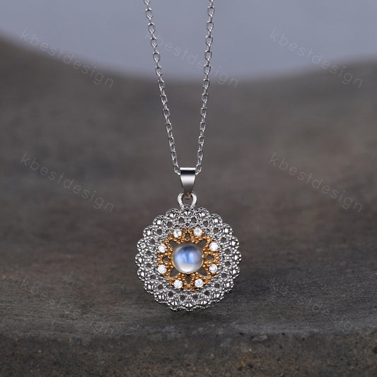 Vintage moonstone necklace, silver gold necklace for women. moonstone jewelry, antique art deco necklace, anniversary gift