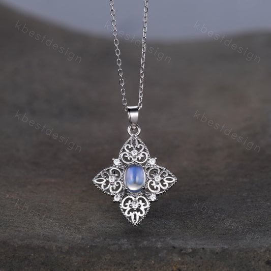 Antique Filigree Moonstone Necklace, Unique Sterling Silver Necklace, Art Deco Milgrain Pendant Necklace, White Gold Necklace for Women
