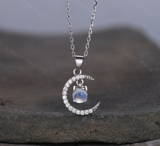 Unique moonstone necklace, silver moonstone necklace, crescent moon charm, sterling silver chain, June birthstone necklace, gift for her
