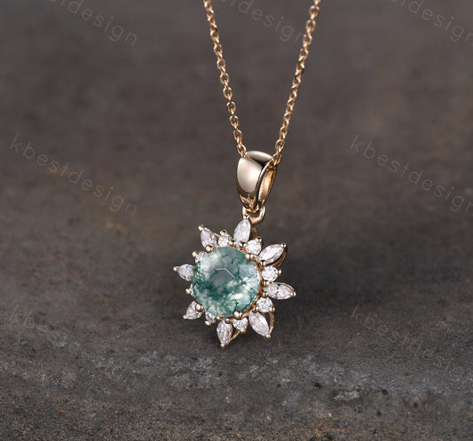 Natural Moss Agate Necklace, 14K Solid Gold Necklace, Unique Diamond/Moissanite Pendant, Art Deco Round cut Necklace, Necklace for Women