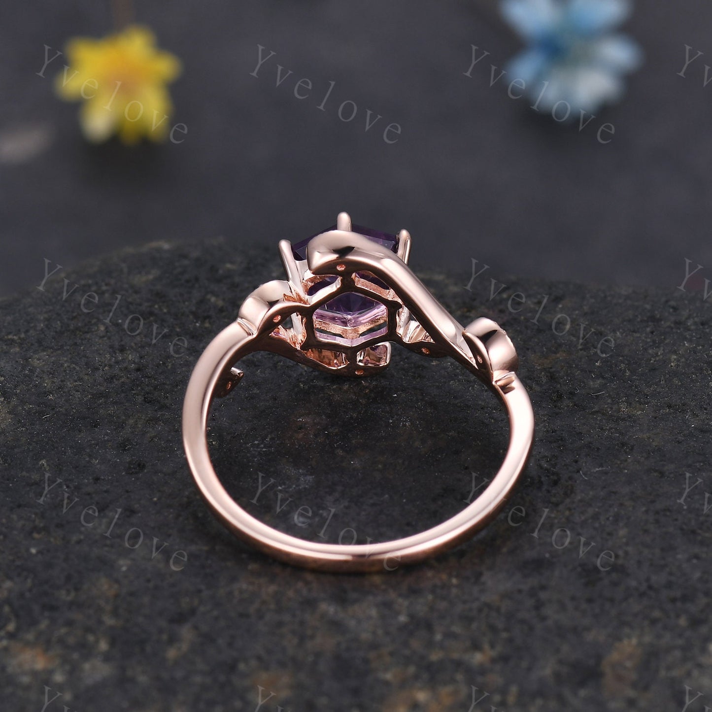 Retro hexagon Amethyst Ring,Vintage rose gold Ring Set,Unique Amethyst Engagement Ring,Promise Ring,Bridal Ring Set February Ring Mom Gift