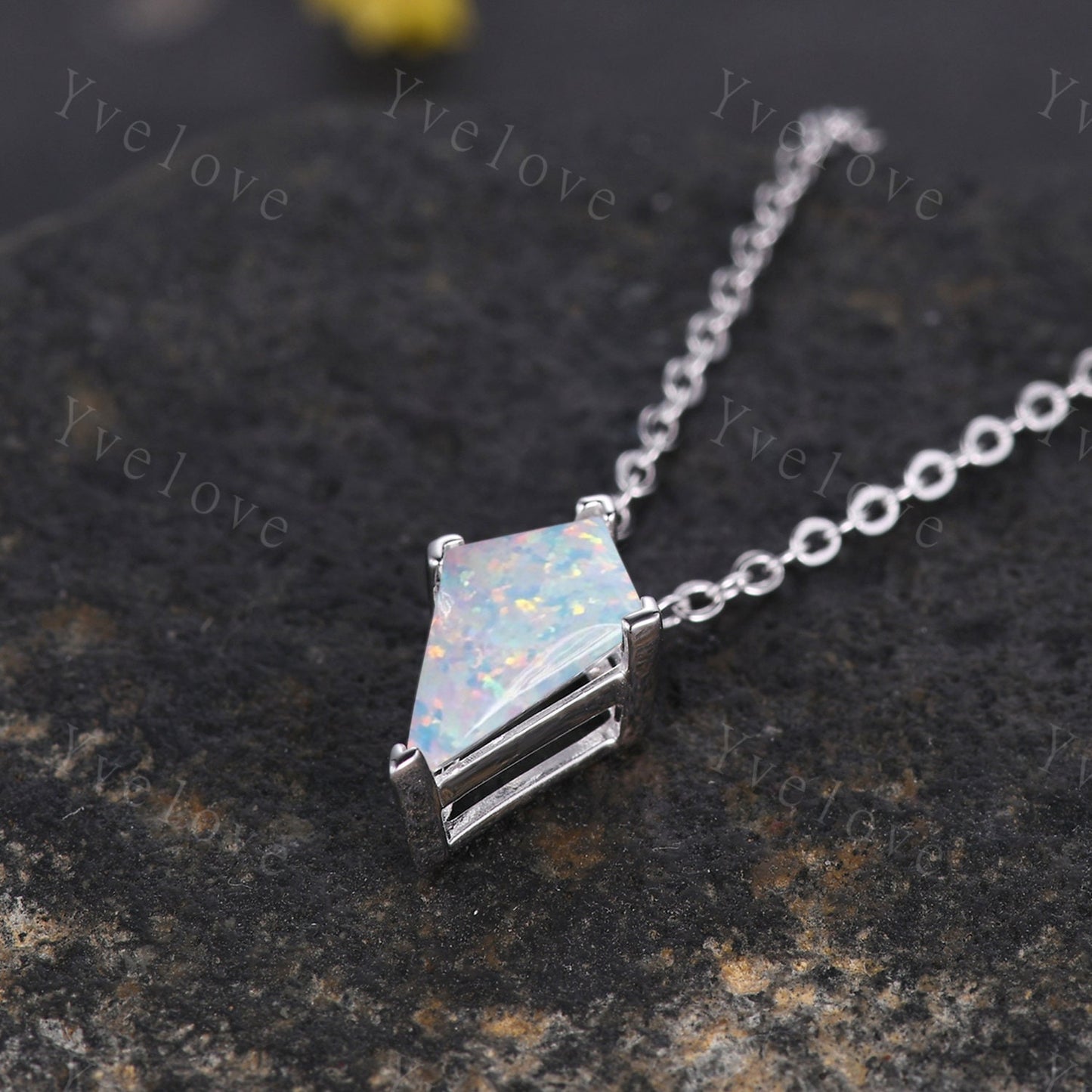 Unique Kite shaped White Opal Pendant,Opal Gem Necklace,Silver Art Deco Necklace,Mom Necklace,Vintage Women Bridal Gift Anniversary Gift