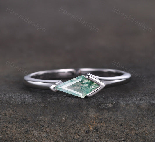 Natural green moss agate engagement ring 14k white gold kite cut ring for women unique art deco bridal promise ring Anniversary gift