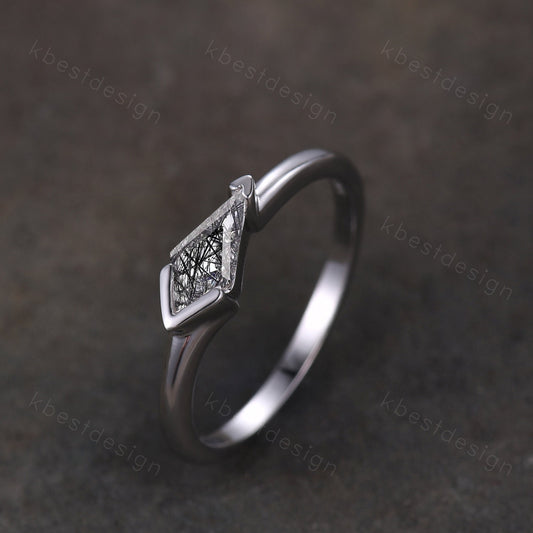 Vintage black rutilated quartz engagement ring silver kite cut ring art deco black gemstone ring women wedding bridal ring delicate ring