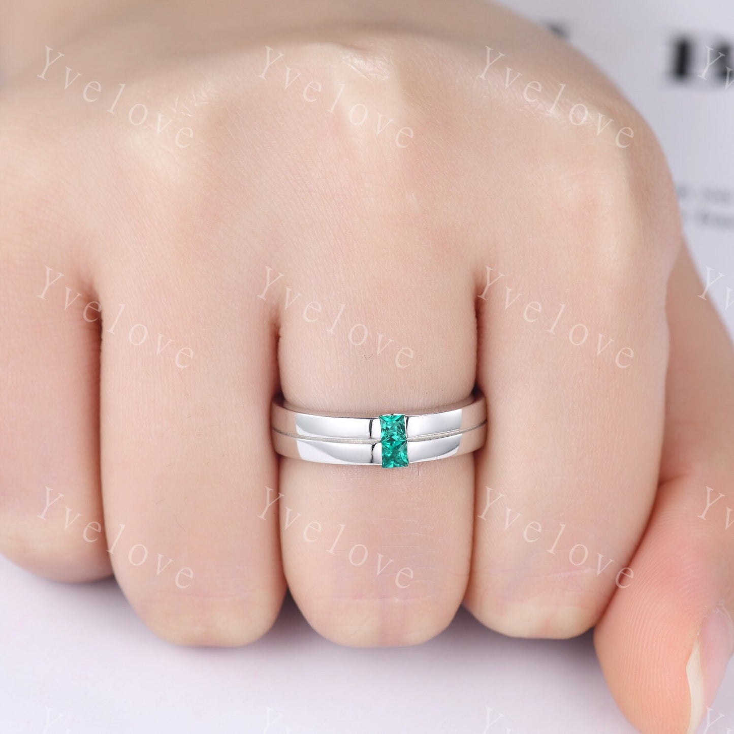 Mens Emerald Wedding Band Princess Cut Green Emerald Band 5mm 925 Silver Ring Mens Solitaire Stacking Matching Band Retro Vintage Ring Gift