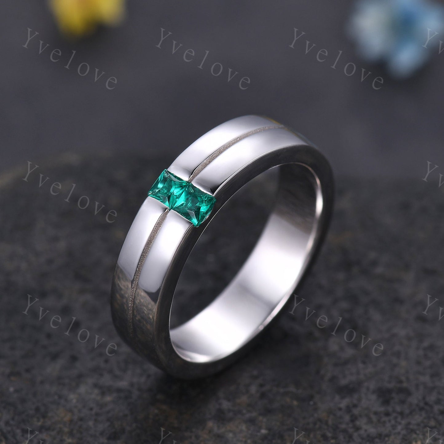 Mens Emerald Wedding Band Princess Cut Green Emerald Band 5mm 925 Silver Ring Mens Solitaire Stacking Matching Band Retro Vintage Ring Gift