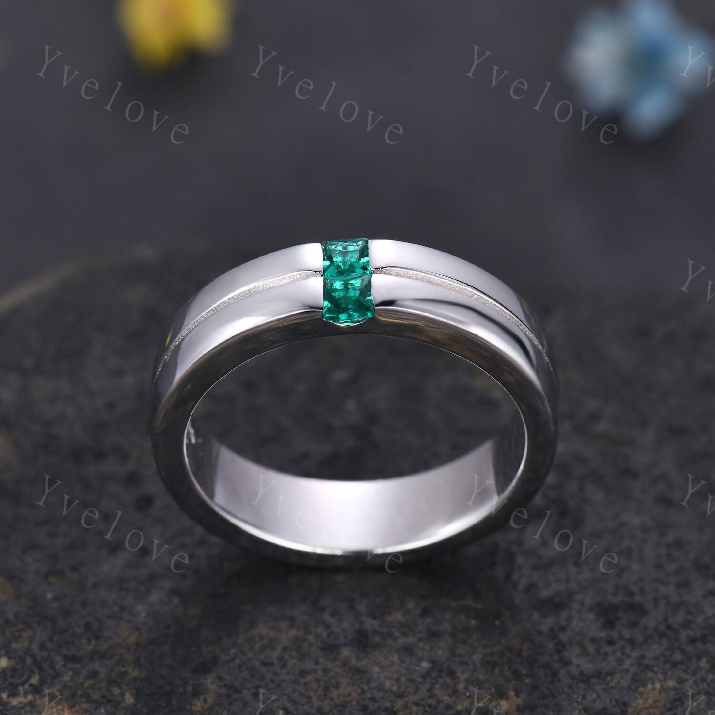 Mens Emerald Wedding Band Princess Cut Green Emerald Band 5mm 925 Silver Ring Mens Solitaire Stacking Matching Band Retro Vintage Ring Gift