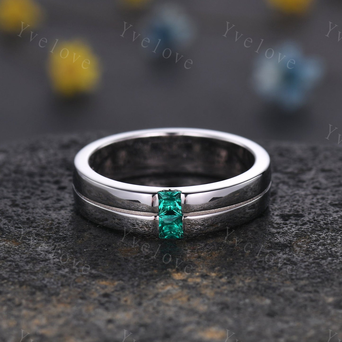 Mens Emerald Wedding Band Princess Cut Green Emerald Band 5mm 925 Silver Ring Mens Solitaire Stacking Matching Band Retro Vintage Ring Gift