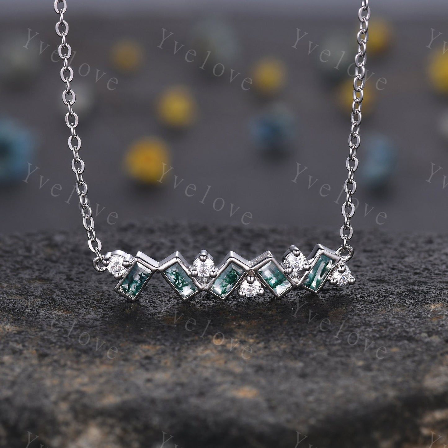 Baguette Moss Agate Necklace,Art Deco Moissanite Diamond Pendant Delicate Dainty Necklace,White Gold Necklace,Amulet,friendship Gift For Her