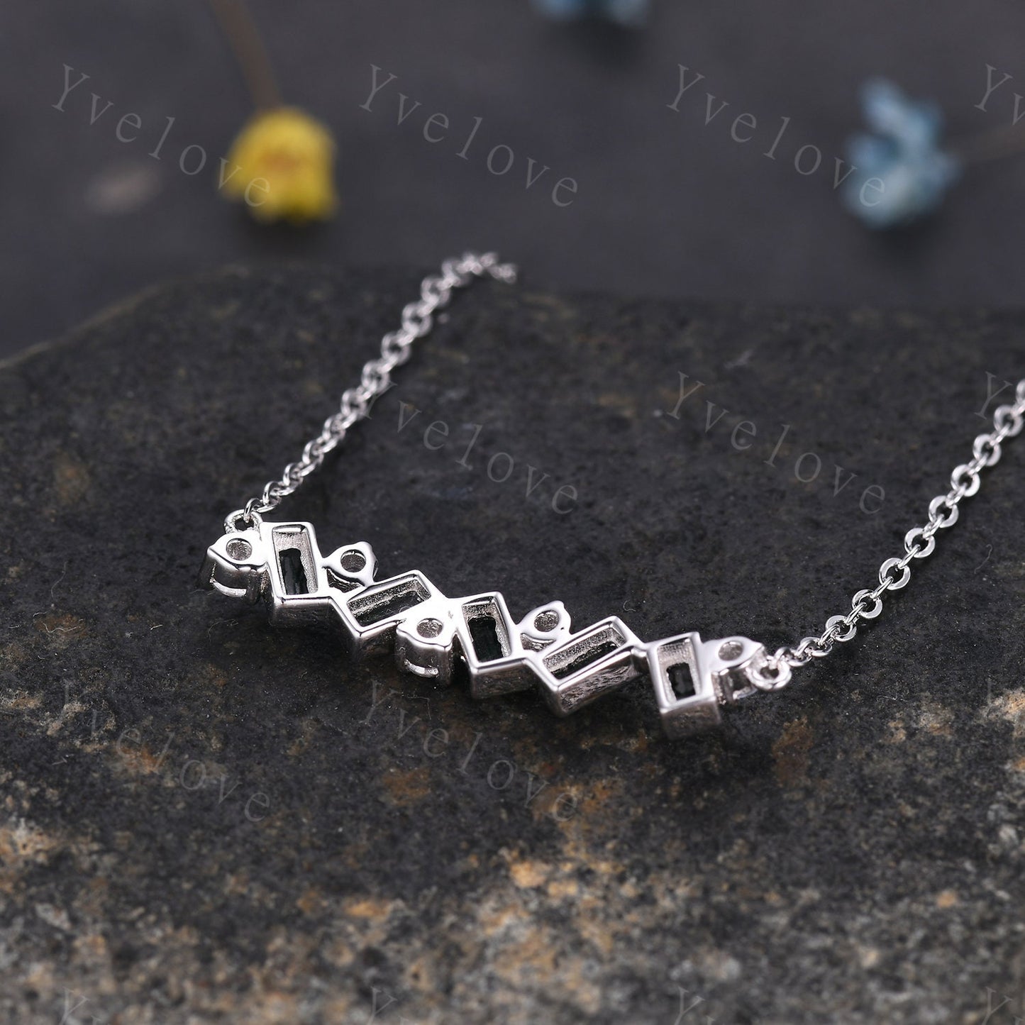 Baguette Moss Agate Necklace,Art Deco Moissanite Diamond Pendant Delicate Dainty Necklace,White Gold Necklace,Amulet,friendship Gift For Her