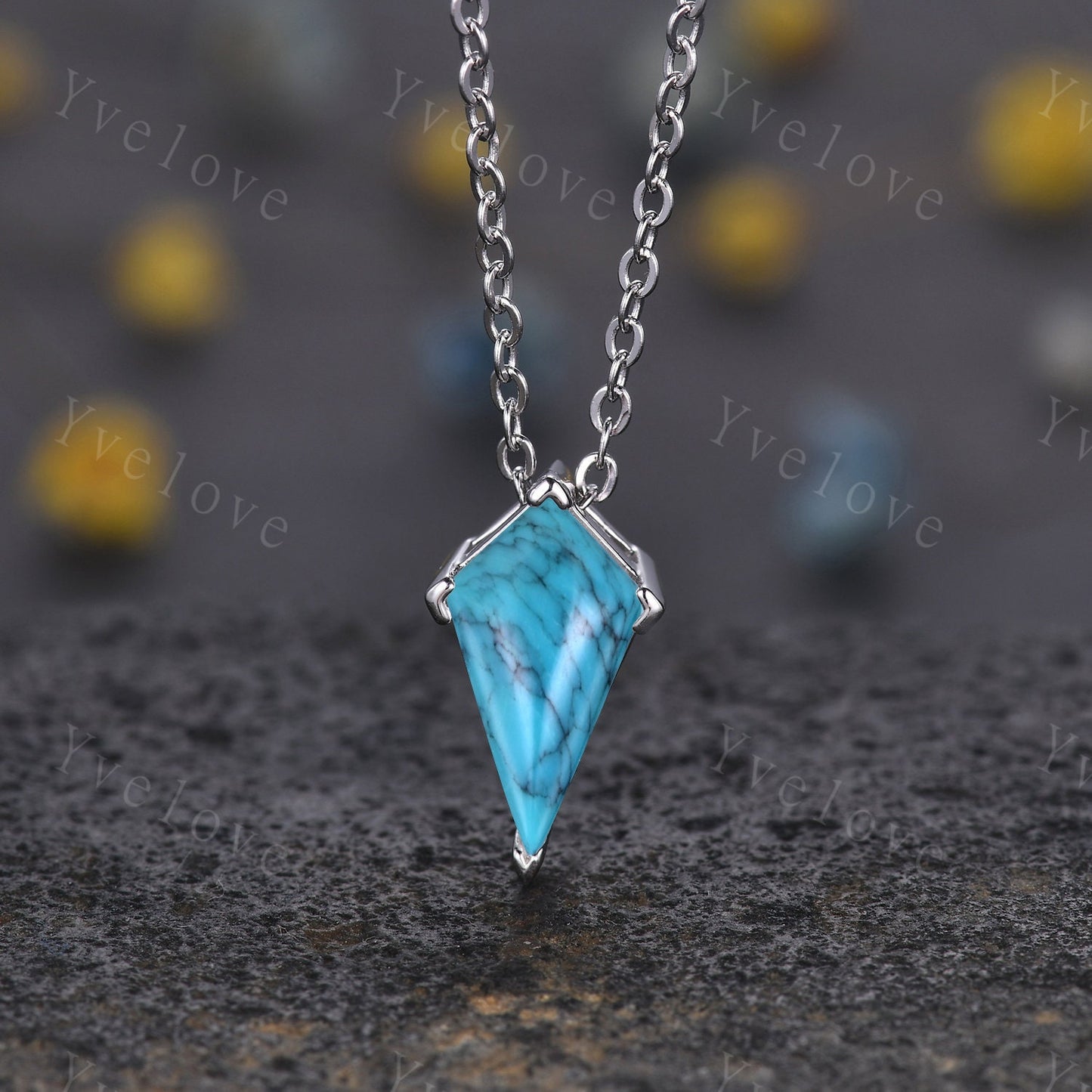 Unique Kite shaped Turquoise Pendant,Turquoise Necklace,Silver Art Deco Necklace,December Gift,Vintage Women Bridal Gift Anniversary Gift
