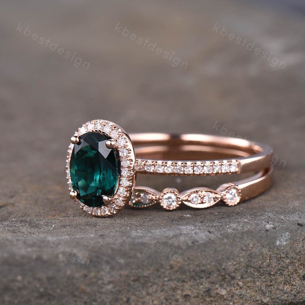 Emerald ring vintage unique oval emerald engagement ring set rose gold ring for women Art deco moissanite wedding band May birthstone ring