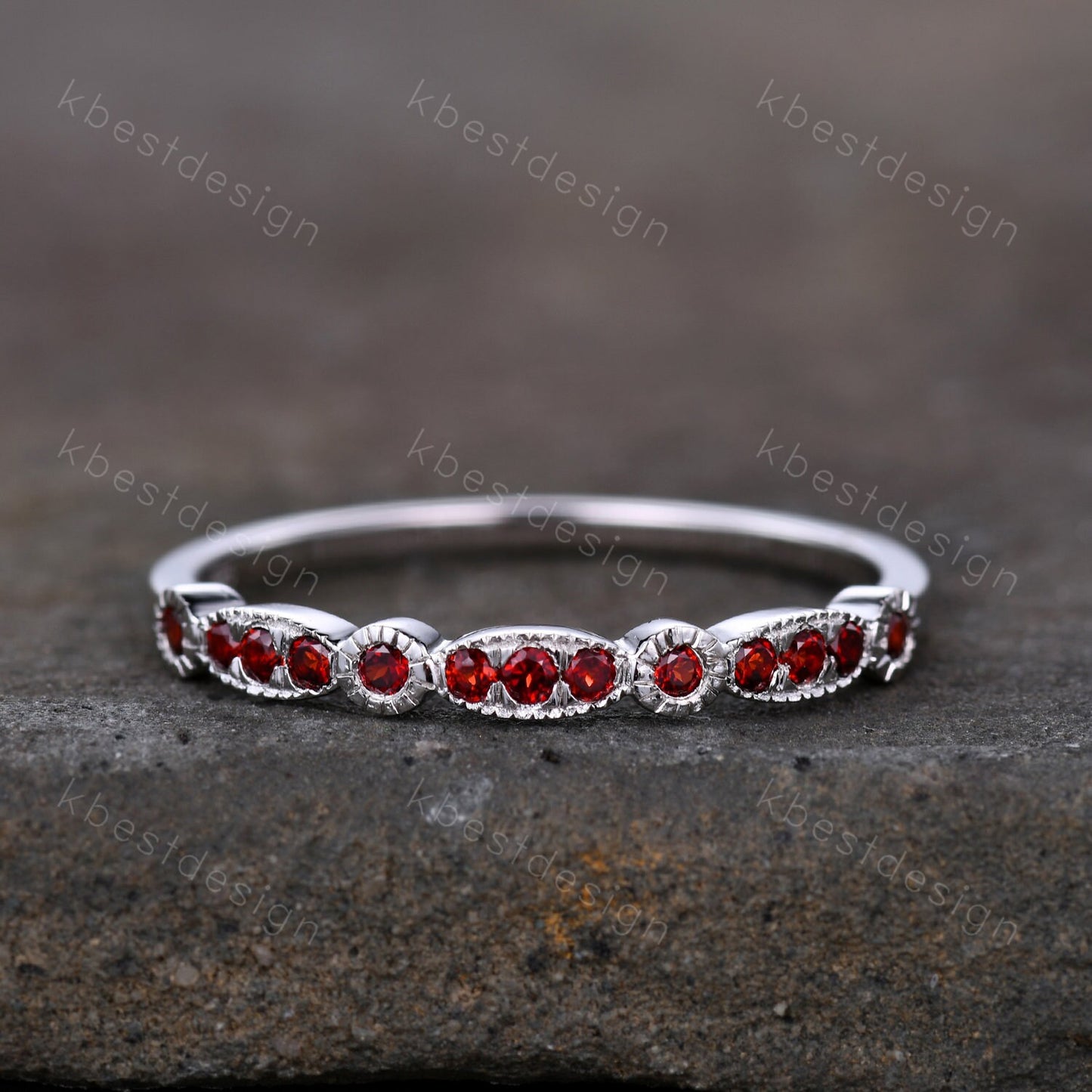 Red Garnet Wedding Band Art Deco Half Eternity Ring Sterling Silver Vintage Matching Band Milgrain Anniversary Gift