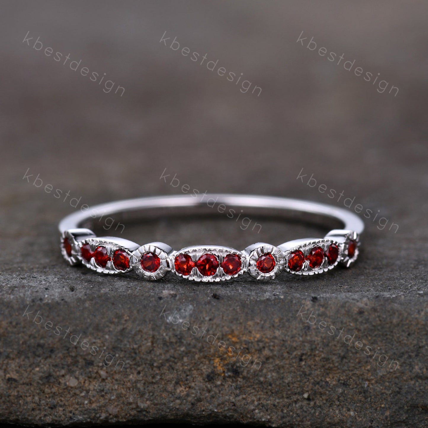 Red Garnet Wedding Band Art Deco Half Eternity Ring Sterling Silver Vintage Matching Band Milgrain Anniversary Gift