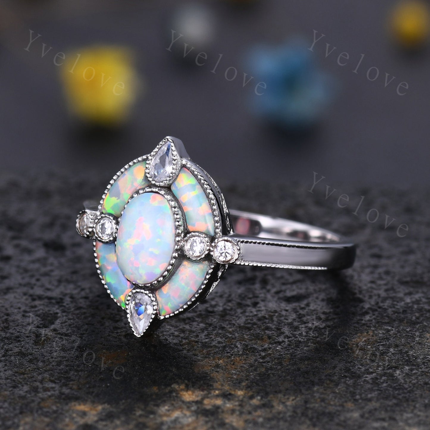 Oval opal engagement ring white opal ring opal moissanite wedding band rose gold vintage ring halo milgrain ring promise ring mother gift