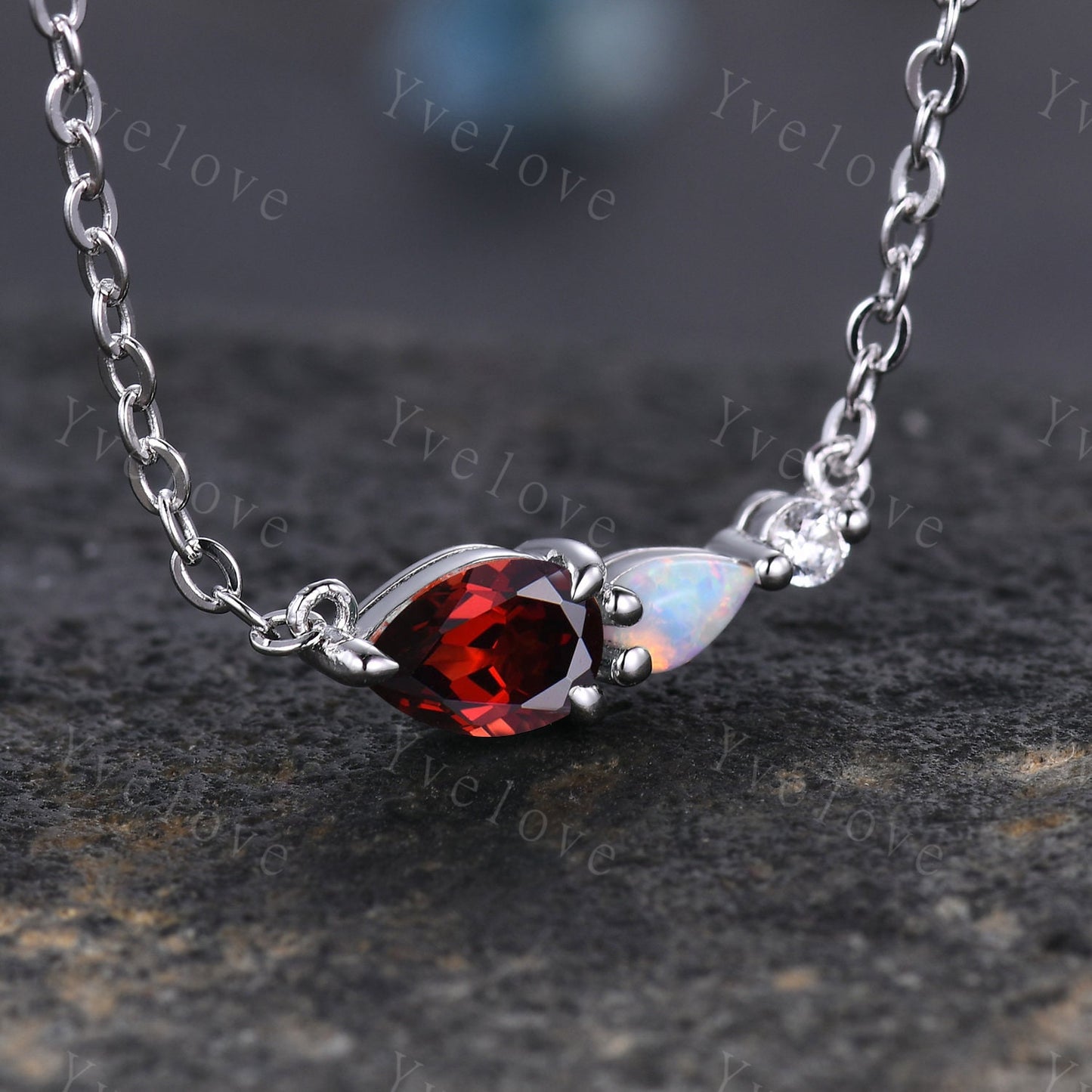 Unique Garnet Opal Necklace,Pear Cut Gems,Art Deco Moissanite Diamond Delicate Dainty Necklace,3 Stone Unique Women Bridal Gift,White gold