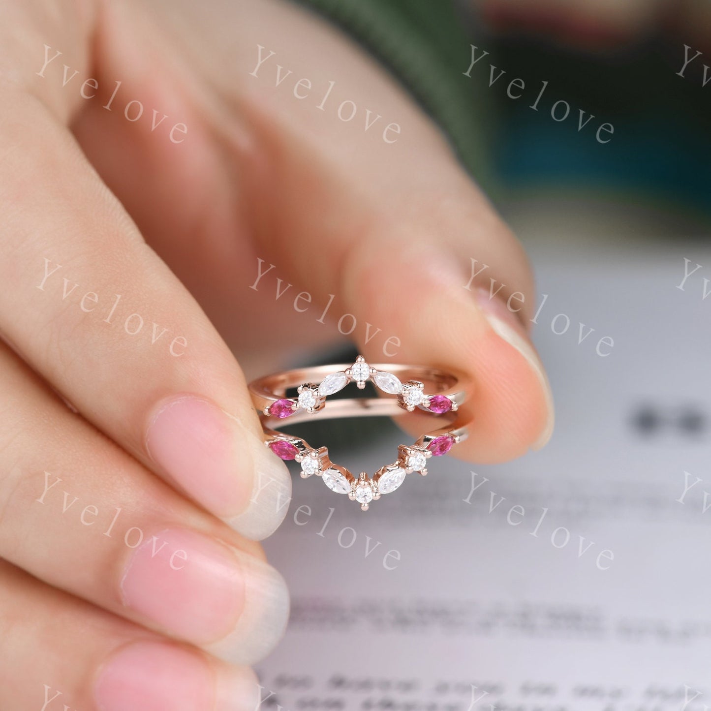 Unique Moissanite Ring,Moissanite Ruby Engagement Ring,Enhancer Wedding Band,Double curved Stacking Matching Band Promise Bridal Ring Gift