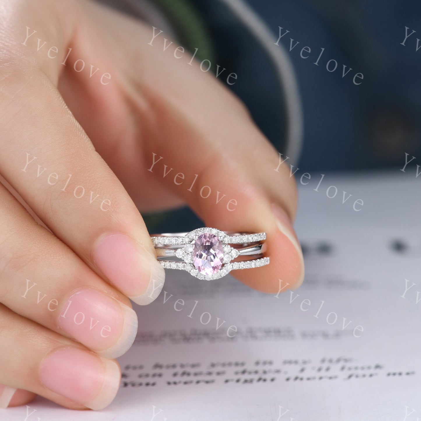 Morganite engagement ring set 5x7mm oval cut natural morganite ring real diamond matching bands solid 14k white gold bridal ring set gift
