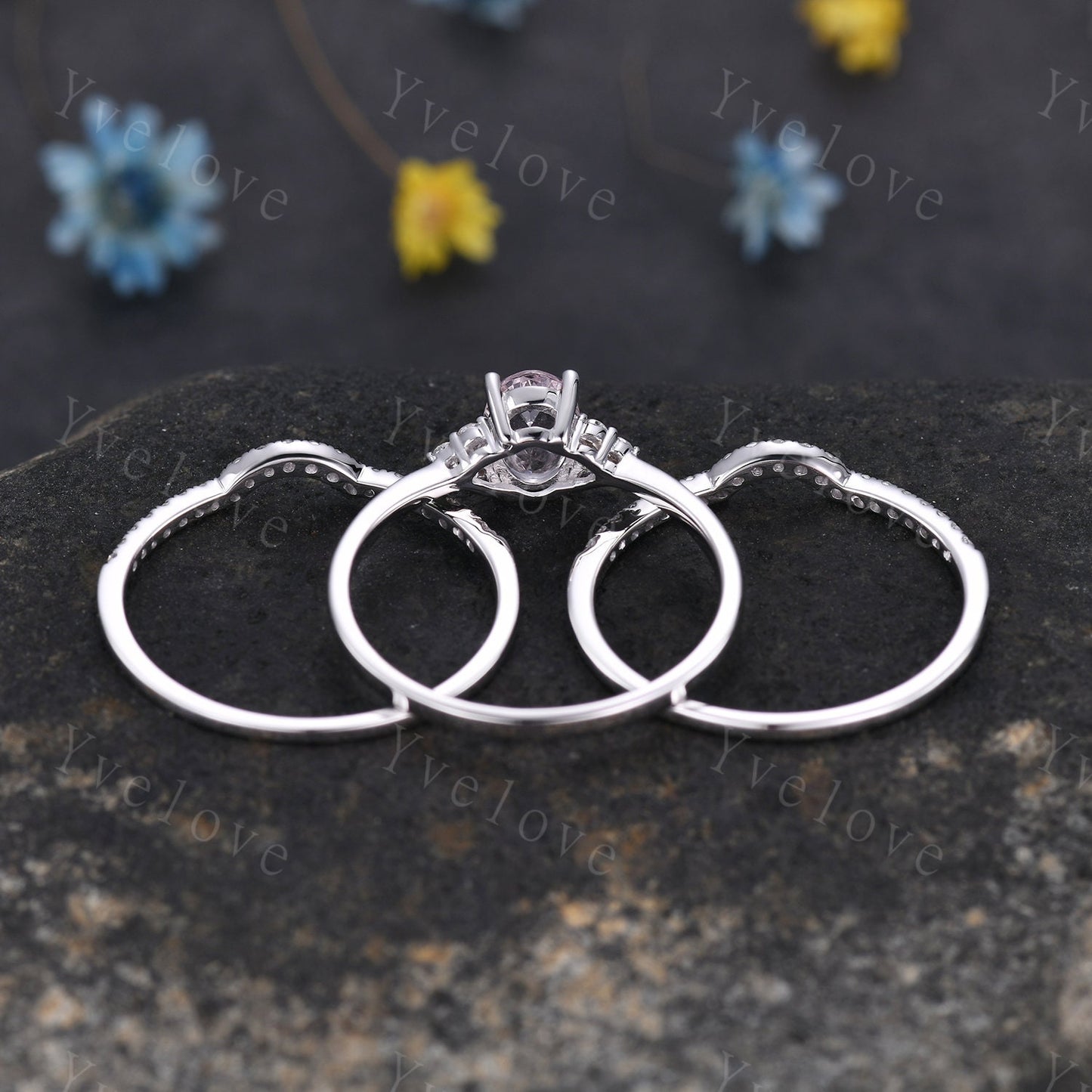 Morganite engagement ring set 5x7mm oval cut natural morganite ring real diamond matching bands solid 14k white gold bridal ring set gift