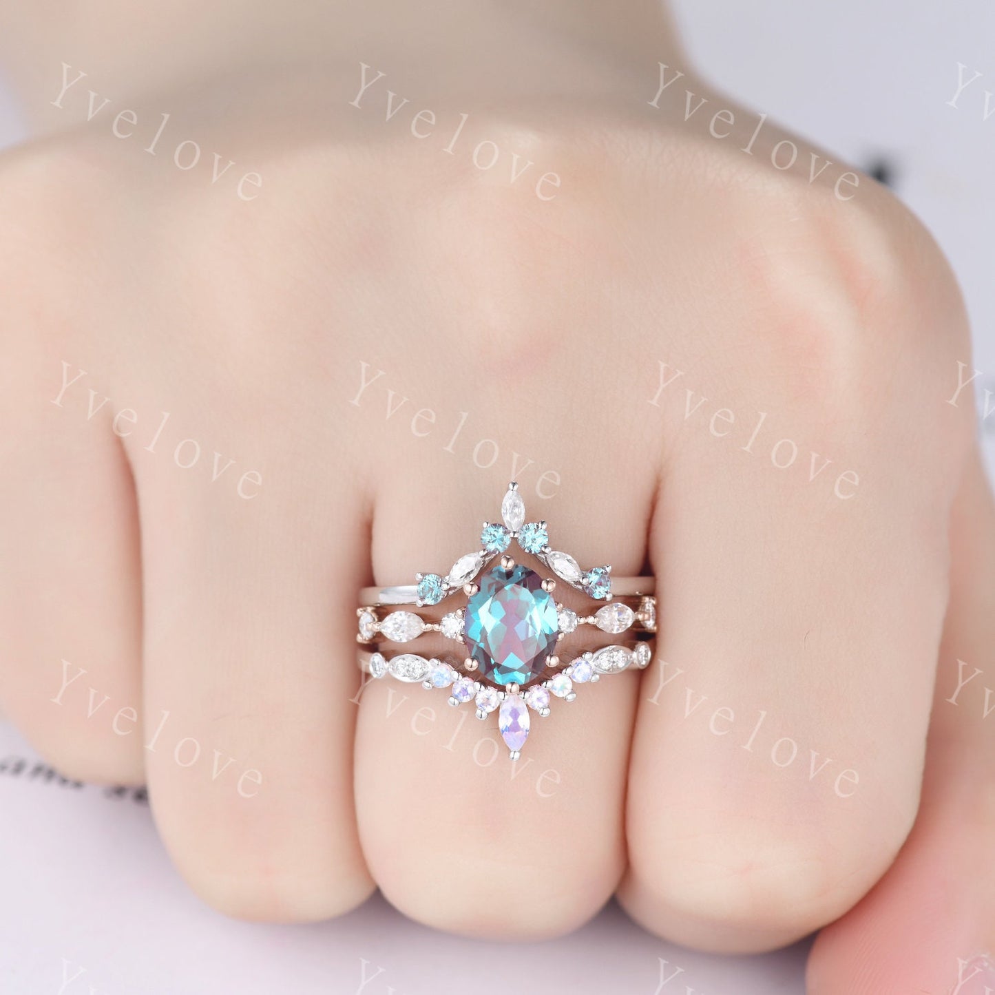 Vintage alexandrite engagement ring,Unique gold wedding set,Art deco moonstone moissanite matching stacking ring,bridal set,rings for her
