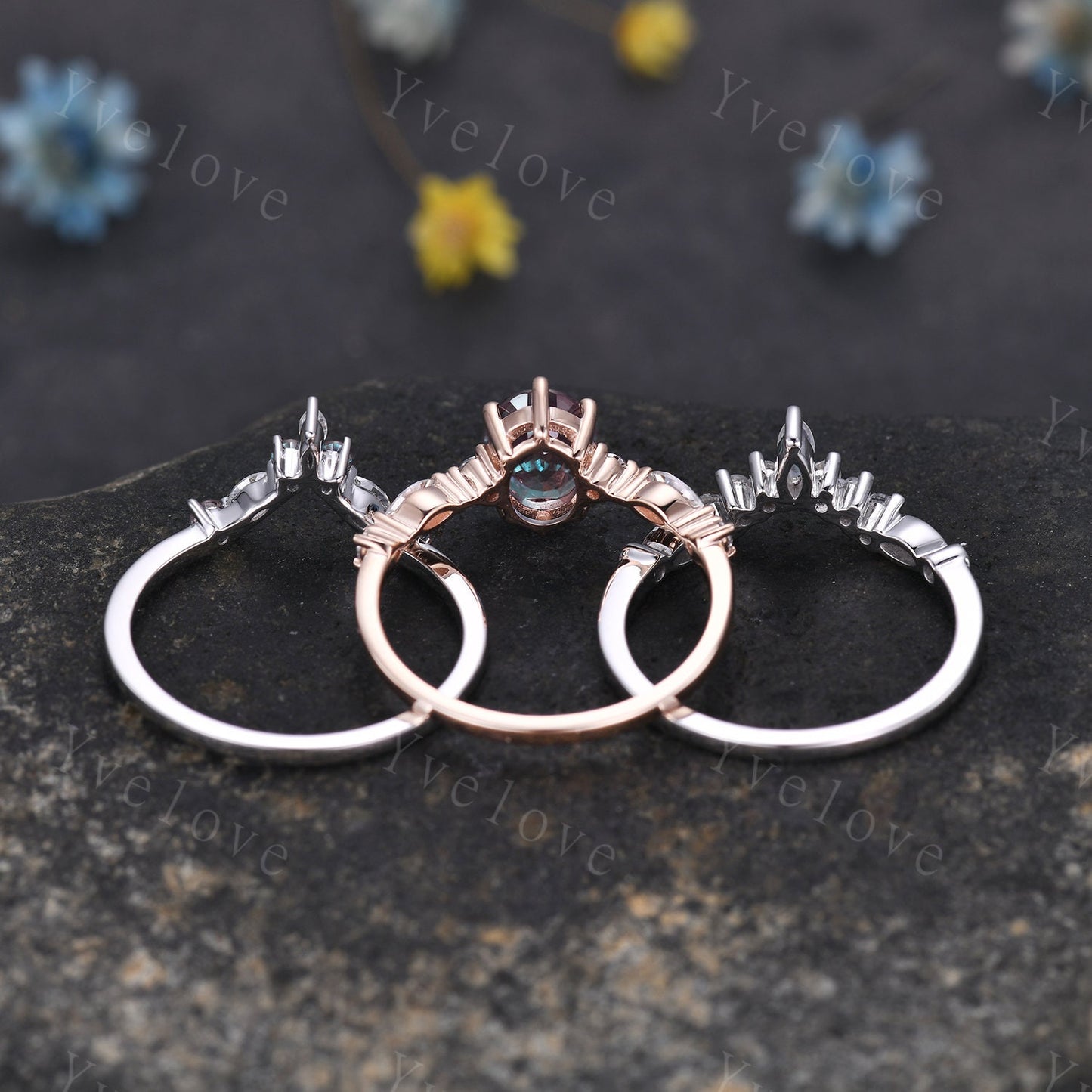 Vintage alexandrite engagement ring,Unique gold wedding set,Art deco moonstone moissanite matching stacking ring,bridal set,rings for her
