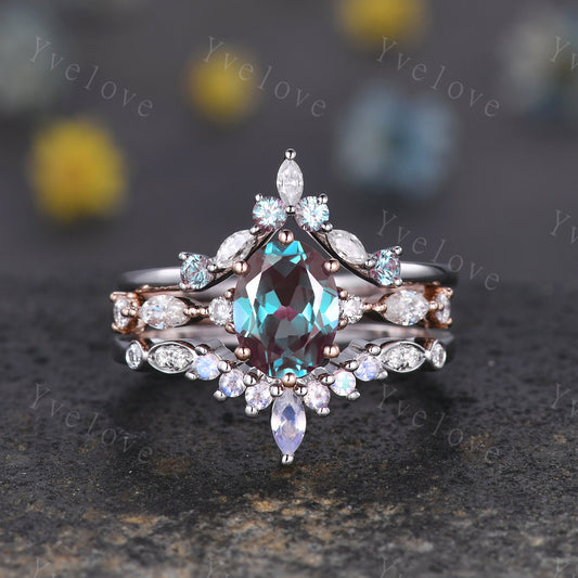 Vintage alexandrite engagement ring,Unique gold wedding set,Art deco moonstone moissanite matching stacking ring,bridal set,rings for her