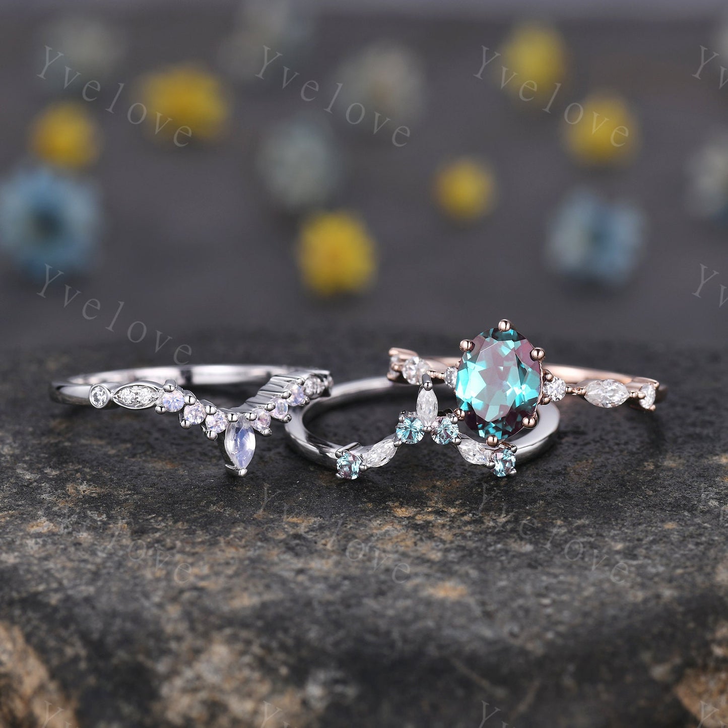 Vintage alexandrite engagement ring,Unique gold wedding set,Art deco moonstone moissanite matching stacking ring,bridal set,rings for her