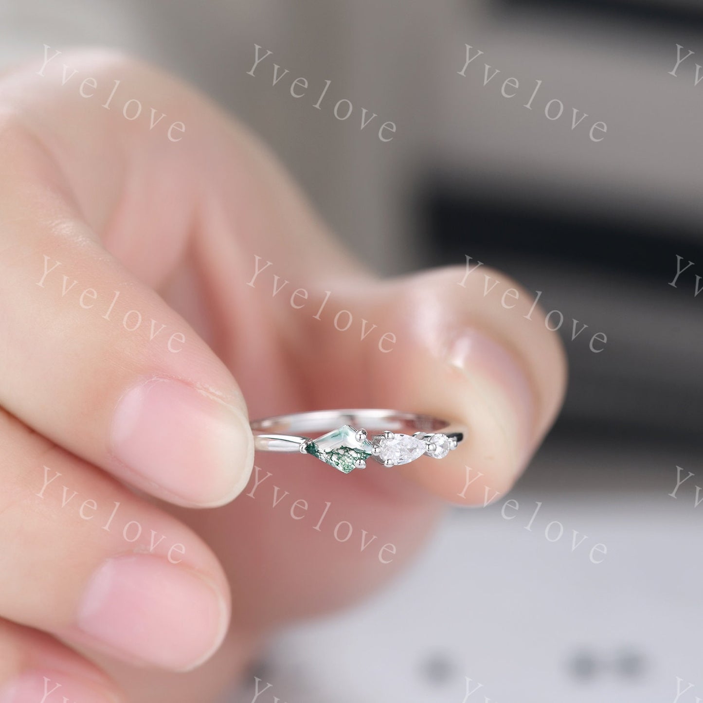 Unique Moss Agate Engagement Ring,Kite Cut Gems,Art Deco Moissanite Wedding Band,3 Stone Unique Women Bridal Promise Ring,Customized Gift