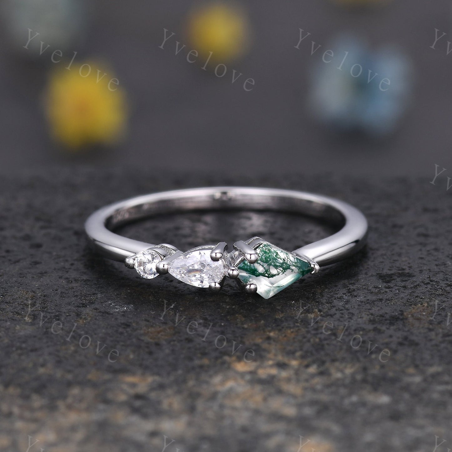 Unique Moss Agate Engagement Ring,Kite Cut Gems,Art Deco Moissanite Wedding Band,3 Stone Unique Women Bridal Promise Ring,Customized Gift