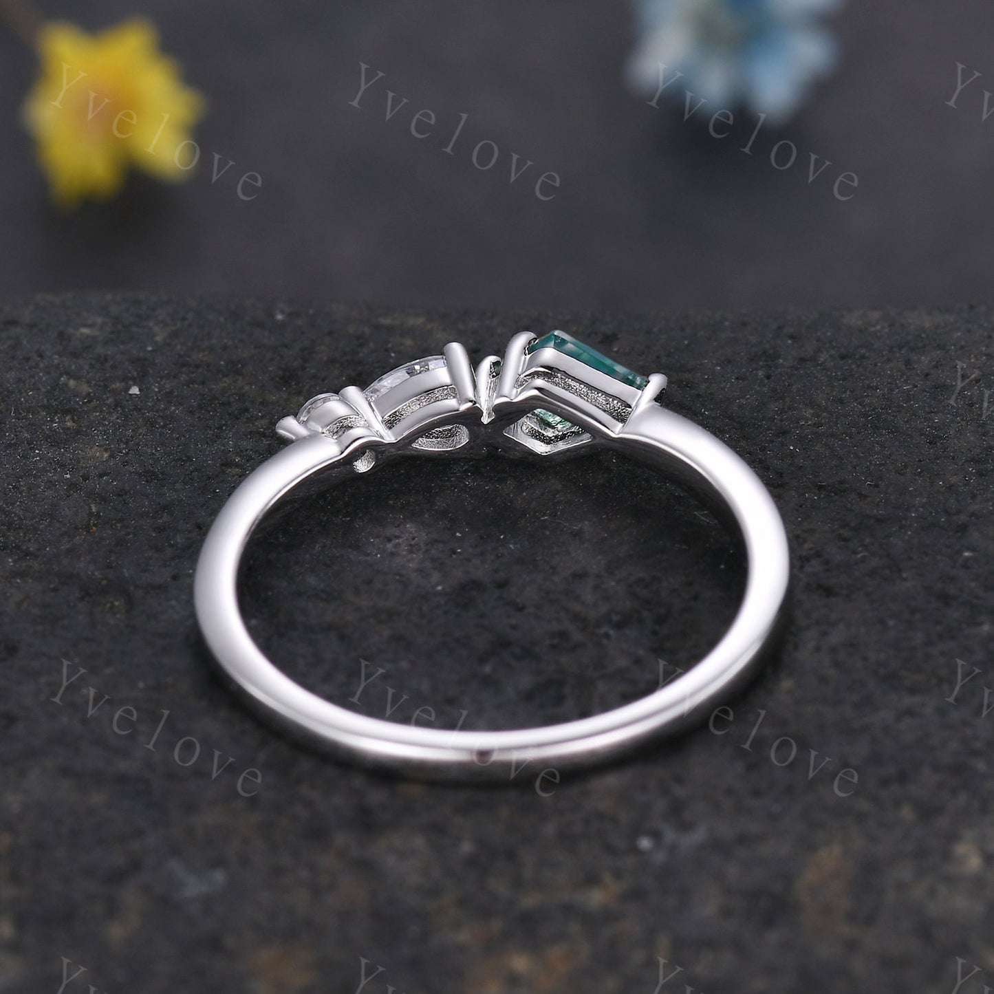 Unique Moss Agate Engagement Ring,Kite Cut Gems,Art Deco Moissanite Wedding Band,3 Stone Unique Women Bridal Promise Ring,Customized Gift