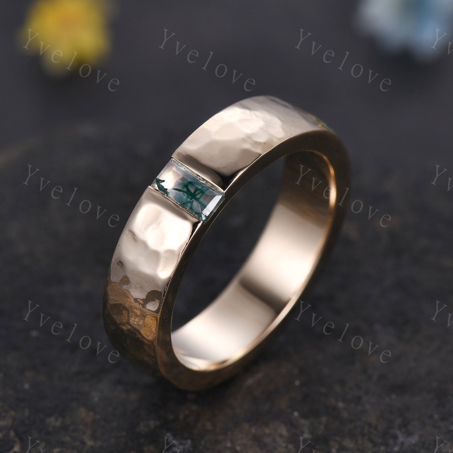 Mens Moss agate Wedding Band Baguette Cut Green Agate Band 5mm Solid Gold Ring Mens Hammered Stacking Matching Band Retro Vintage Ring Gift
