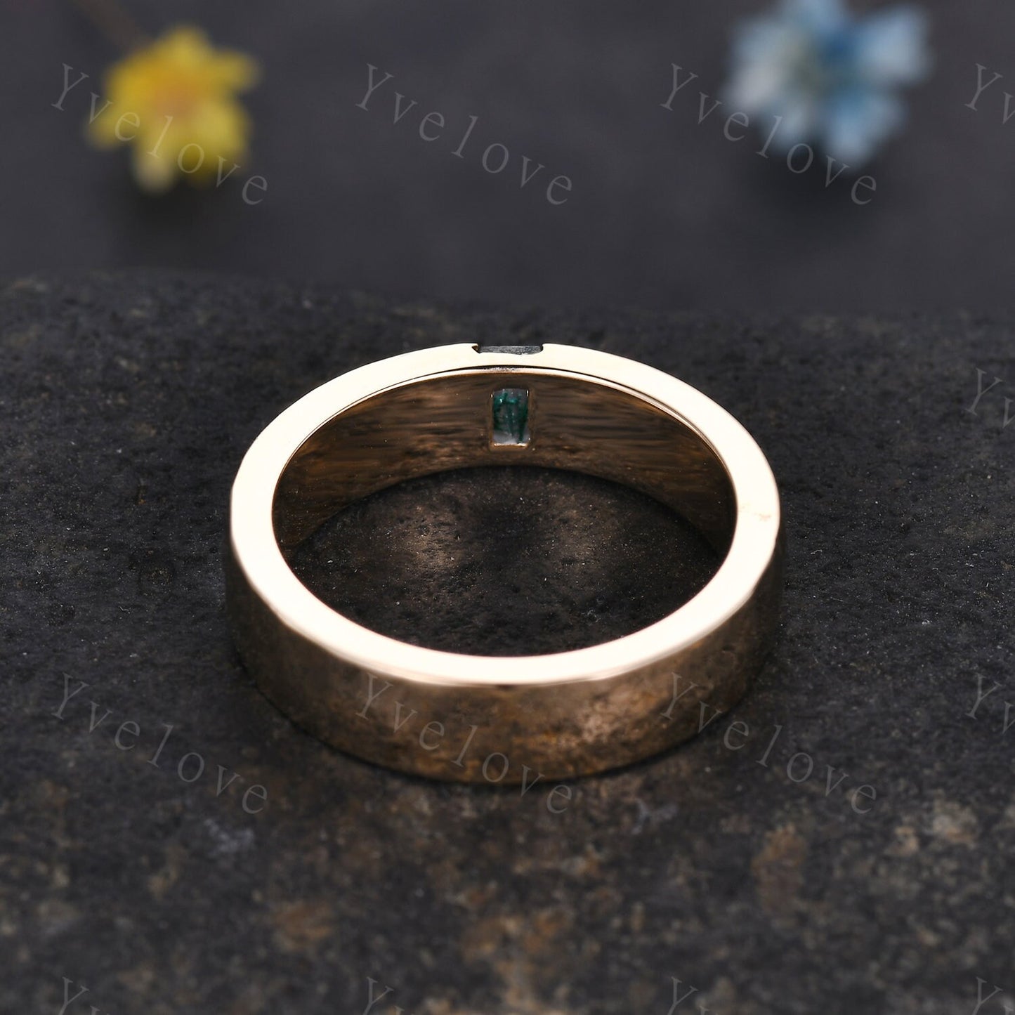 Mens Alexandrite Wedding Band Baguette Cut Alexandrite Band 5mm Solid Gold Ring Mens Hammered Stacking Matching Band Retro Vintage Ring Gift