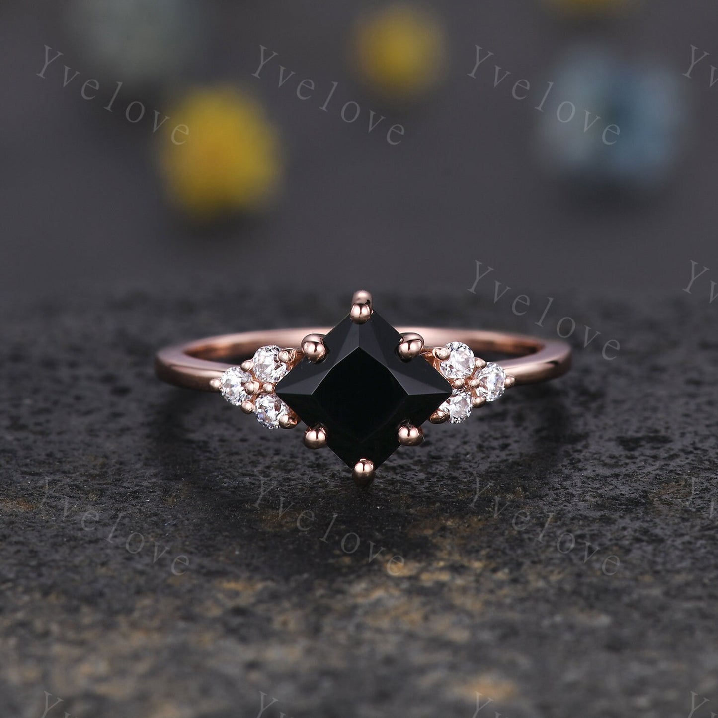 3PCS Vintage princess cut black onyx engagement ring set,black spinel ring,baguette alexandrite,sterling silver ring,unique ring set gift