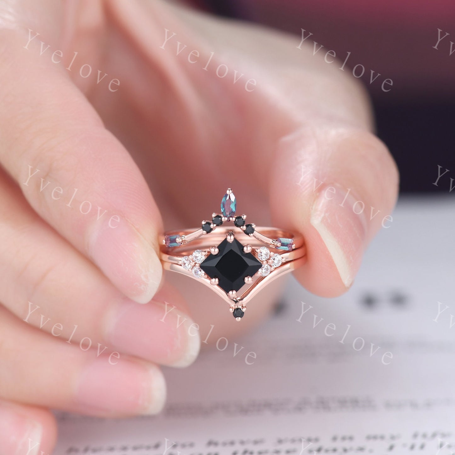 3PCS Vintage princess cut black onyx engagement ring set,black spinel ring,baguette alexandrite,sterling silver ring,unique ring set gift