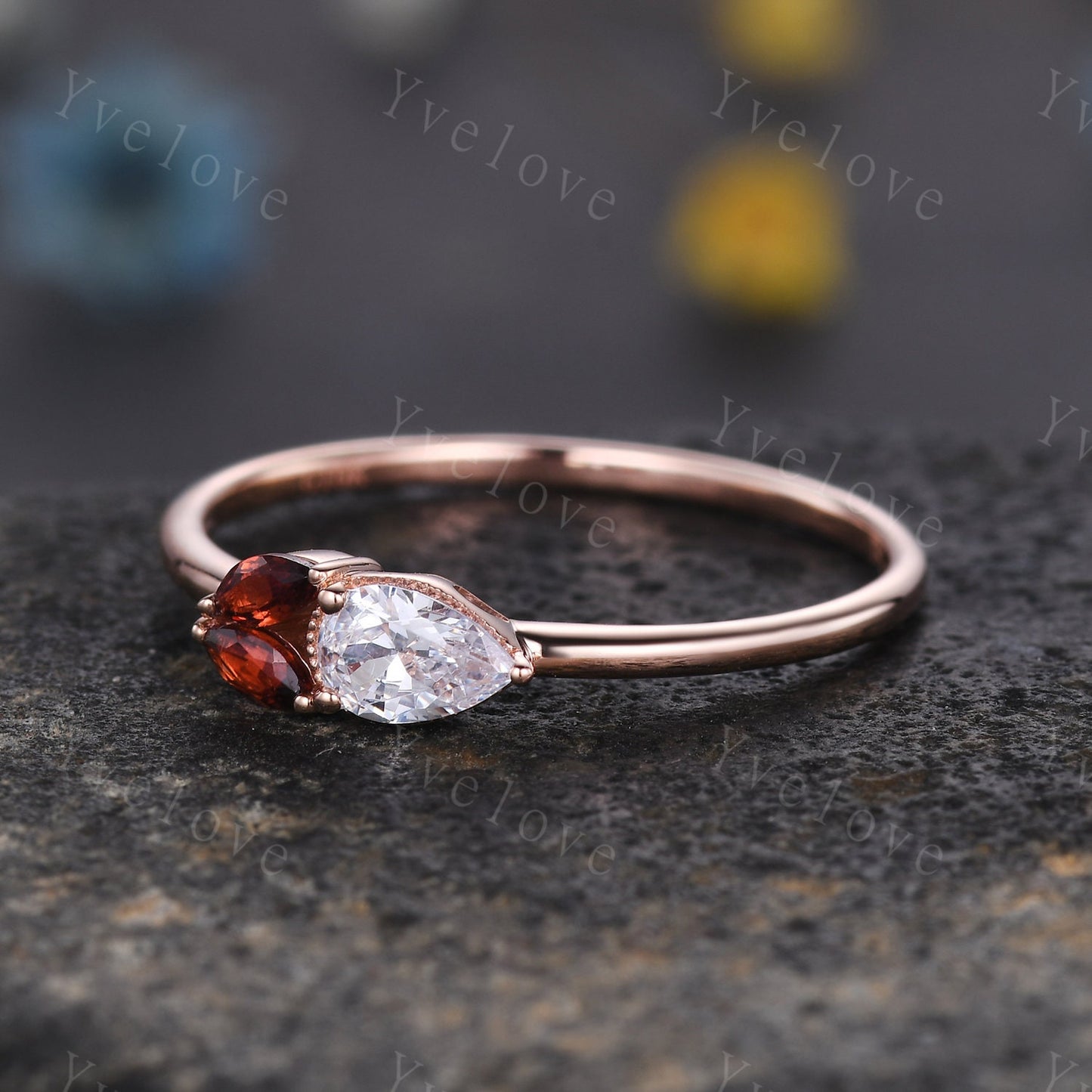 Minimalist Pear Moissante Wedding Ring,Art Deco Red Garnet Stacking Band,Milgrain,Rose gold,3 Stone Unique Women Bridal Cluster Ring Gift
