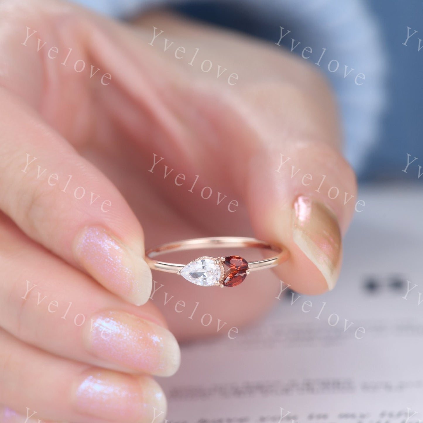Minimalist Pear Moissante Wedding Ring,Art Deco Red Garnet Stacking Band,Milgrain,Rose gold,3 Stone Unique Women Bridal Cluster Ring Gift