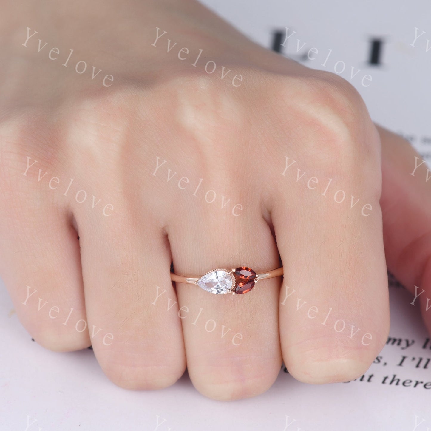Minimalist Pear Moissante Wedding Ring,Art Deco Red Garnet Stacking Band,Milgrain,Rose gold,3 Stone Unique Women Bridal Cluster Ring Gift