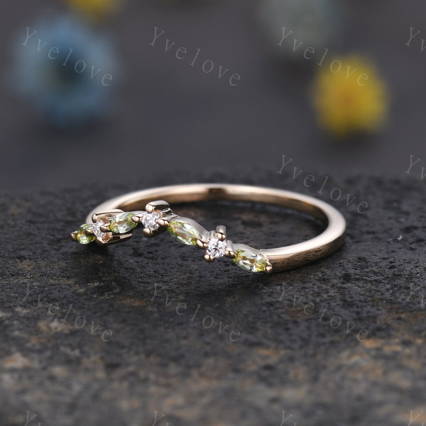Natural Peridot Matching Band V Curved stacking band moissanite wedding ring 14k gold art deco marquise peridot ring promise ring customized