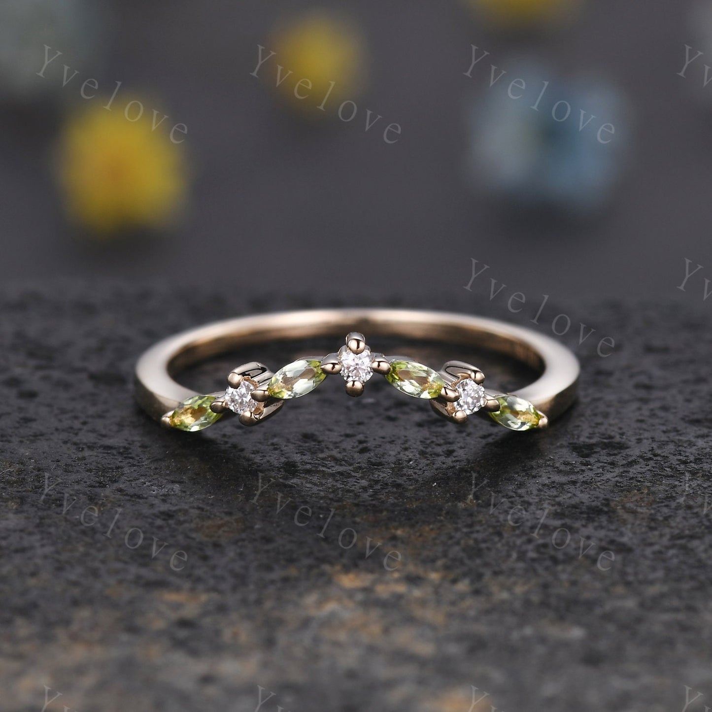 Natural Peridot Matching Band V Curved stacking band moissanite wedding ring 14k gold art deco marquise peridot ring promise ring customized