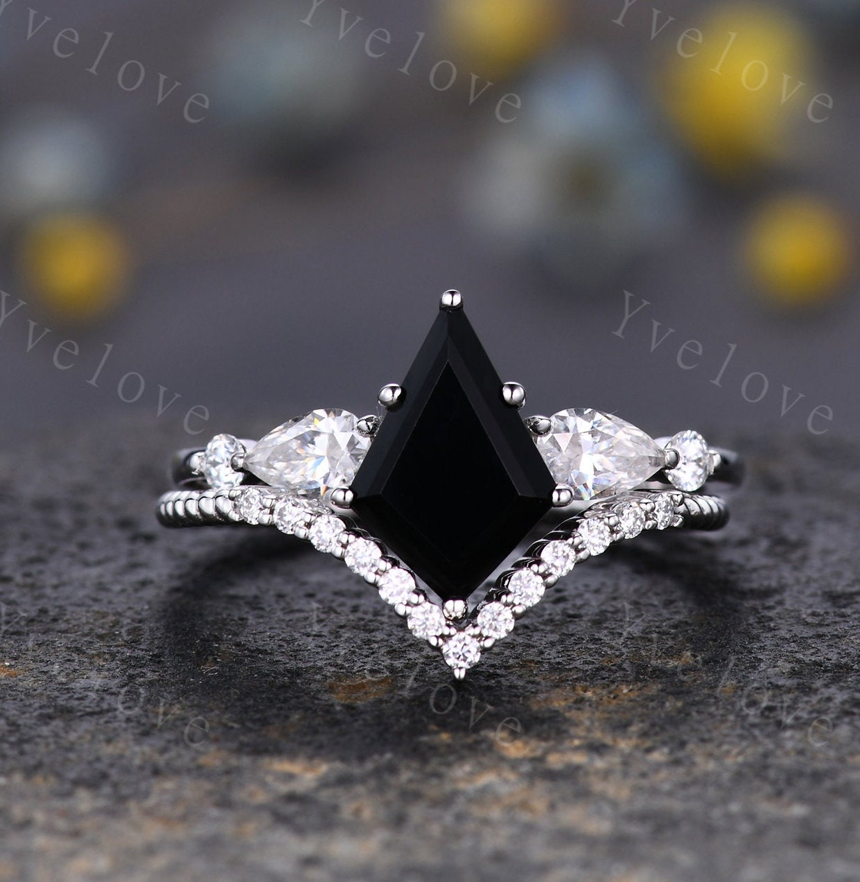 Vintage kite cut black onyx ring engagement ring set art deco moissanite wedding ring for women white gold unique bridal set custom gift