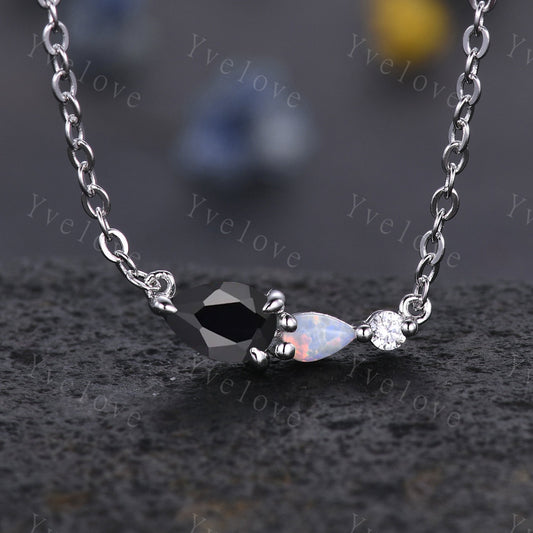 Unique Black Onyx Opal Necklace,Pear Cut Gems,Art Deco Moissanite Diamond Delicate Dainty Necklace,3 Stone Vintage Women Bridal Gift,Silver