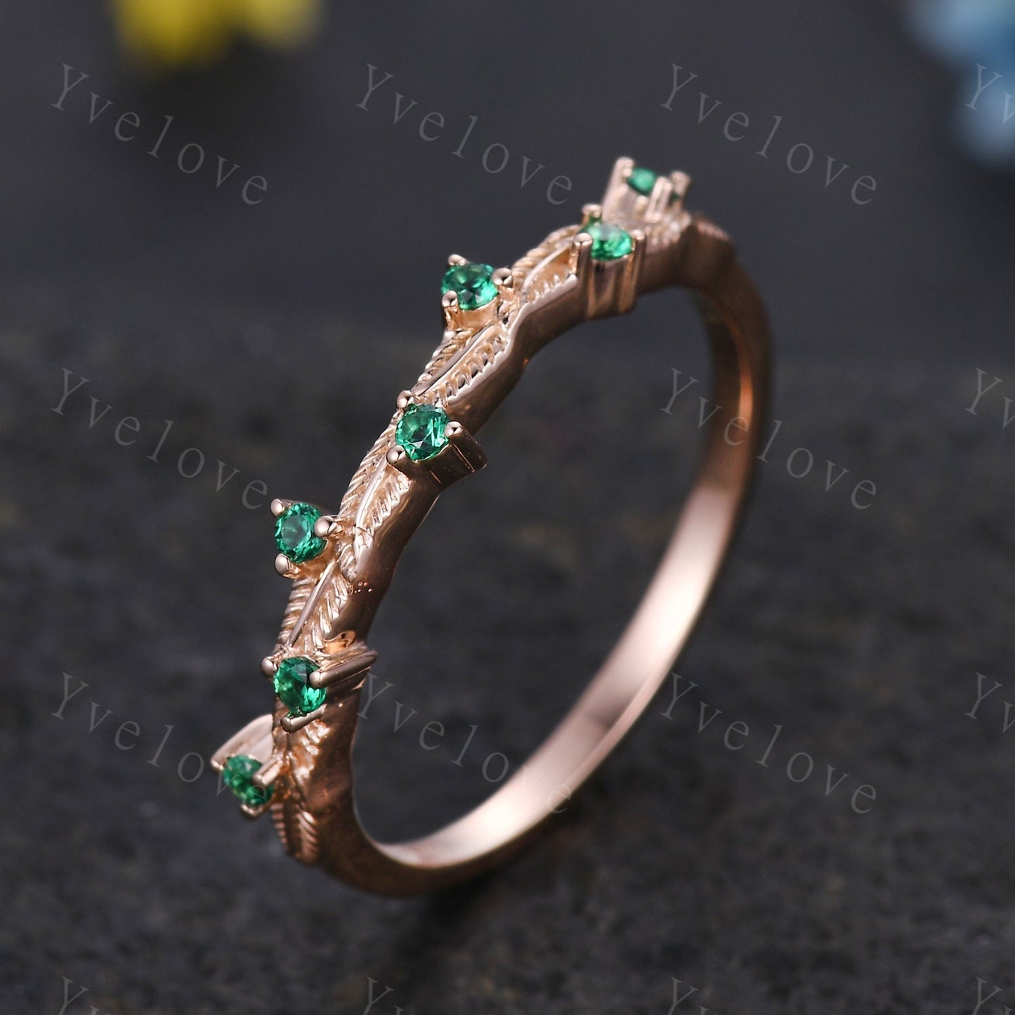 Dainty Emerald Engagement Ring,Emerald Matching Band,Leaf Band,Twig Branch Wedding Band,14k Gold Vintage Women Stacking Matching Ring Gift