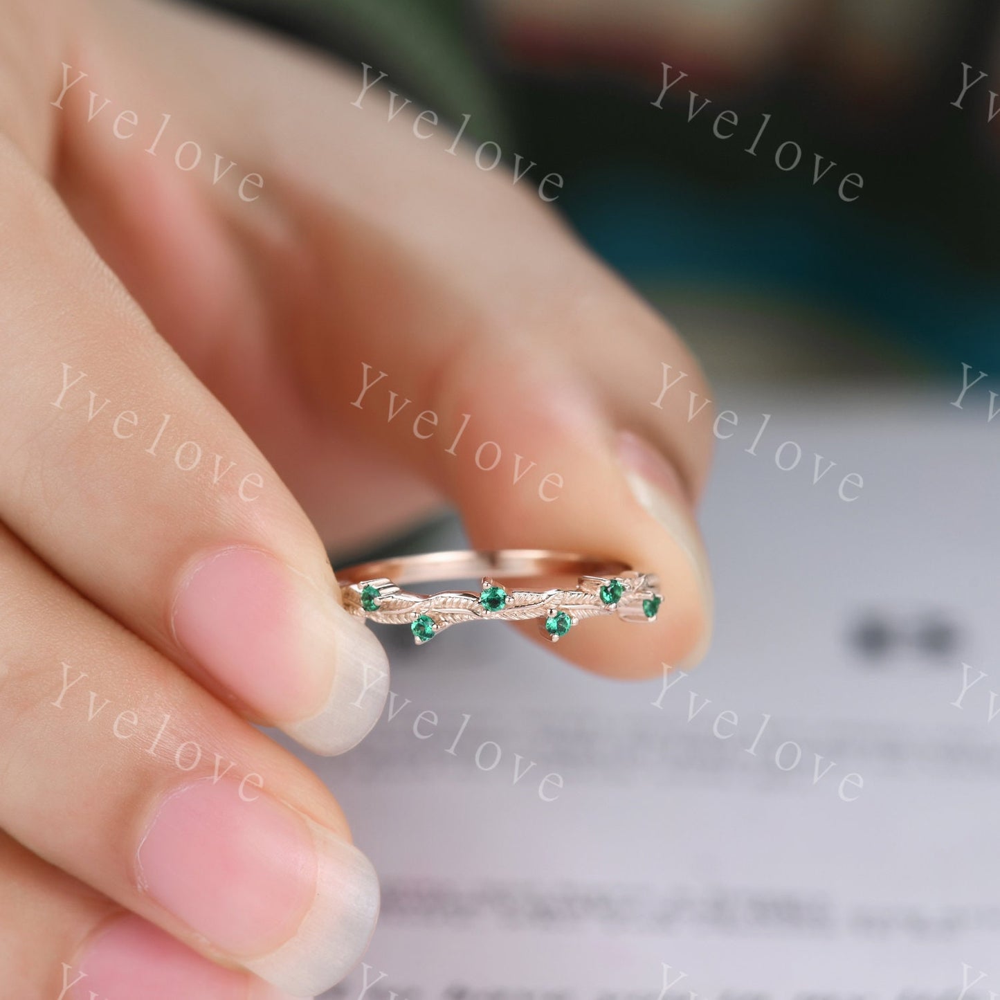 Dainty Emerald Engagement Ring,Emerald Matching Band,Leaf Band,Twig Branch Wedding Band,14k Gold Vintage Women Stacking Matching Ring Gift