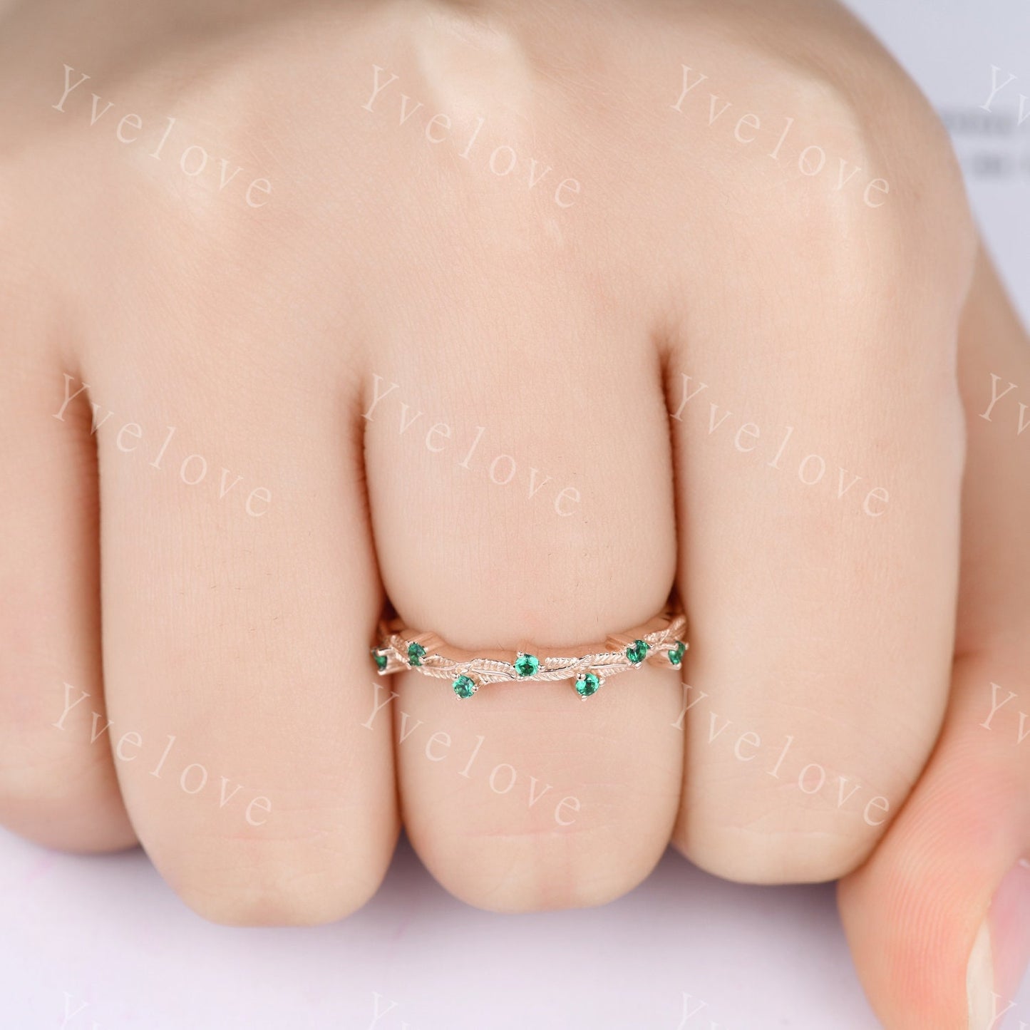 Dainty Emerald Engagement Ring,Emerald Matching Band,Leaf Band,Twig Branch Wedding Band,14k Gold Vintage Women Stacking Matching Ring Gift