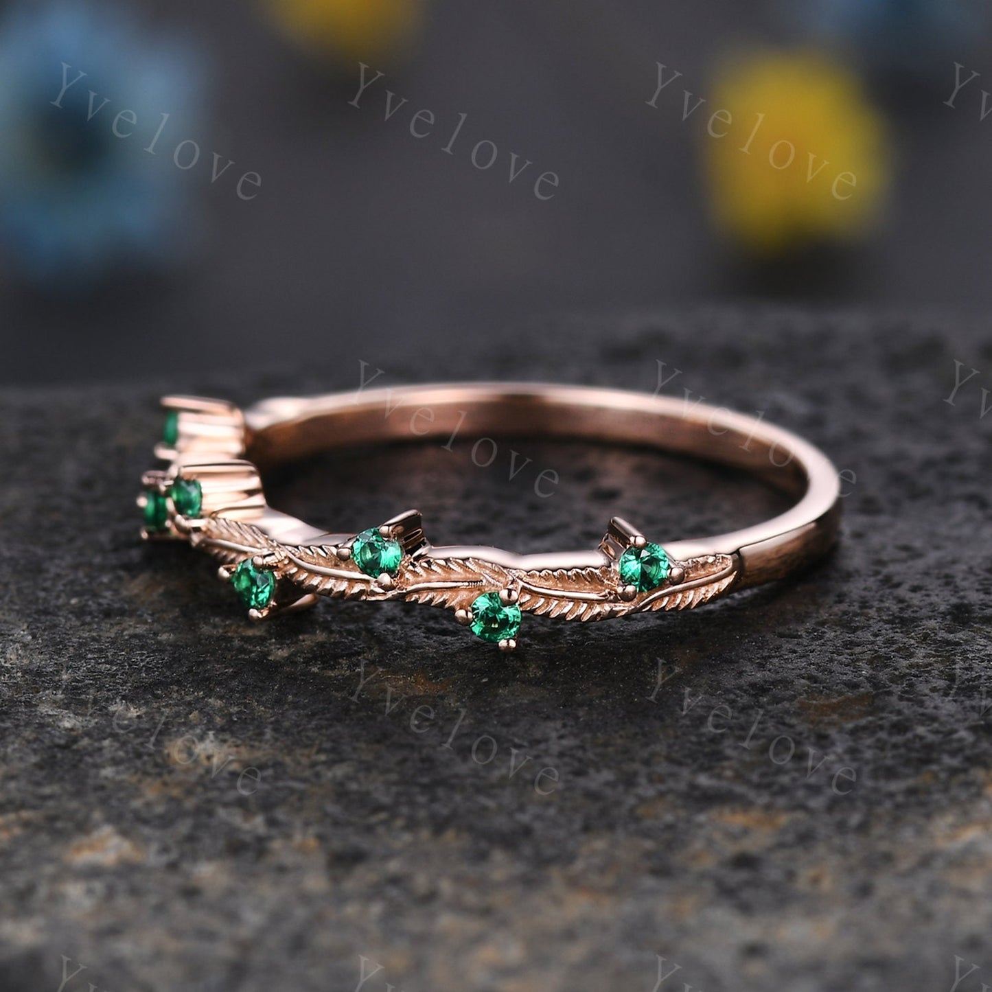Dainty Emerald Engagement Ring,Emerald Matching Band,Leaf Band,Twig Branch Wedding Band,14k Gold Vintage Women Stacking Matching Ring Gift