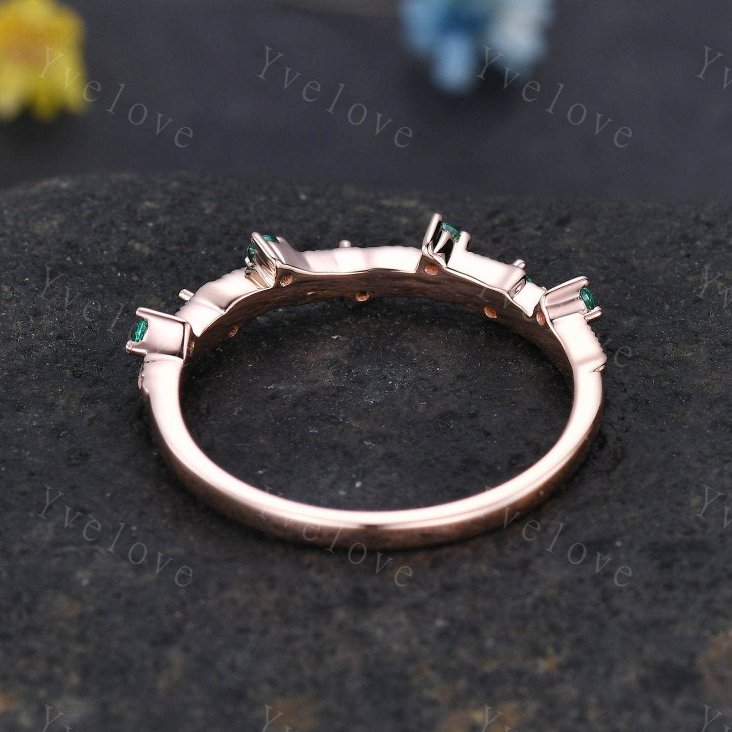 Dainty Emerald Engagement Ring,Emerald Matching Band,Leaf Band,Twig Branch Wedding Band,14k Gold Vintage Women Stacking Matching Ring Gift