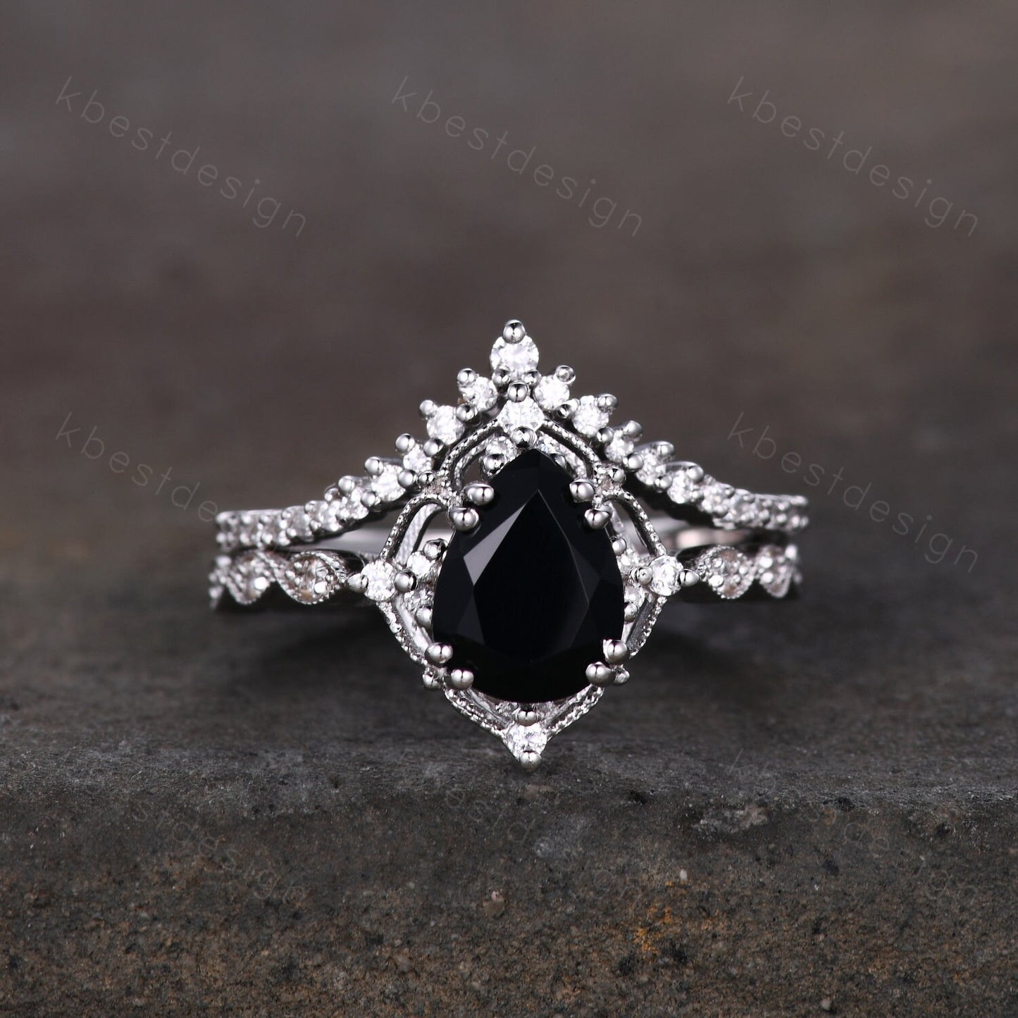 Vintage black onyx engagement ring sterling silver ring art deco curved stacking band pear shaped bridal set unique moissanite wedding set