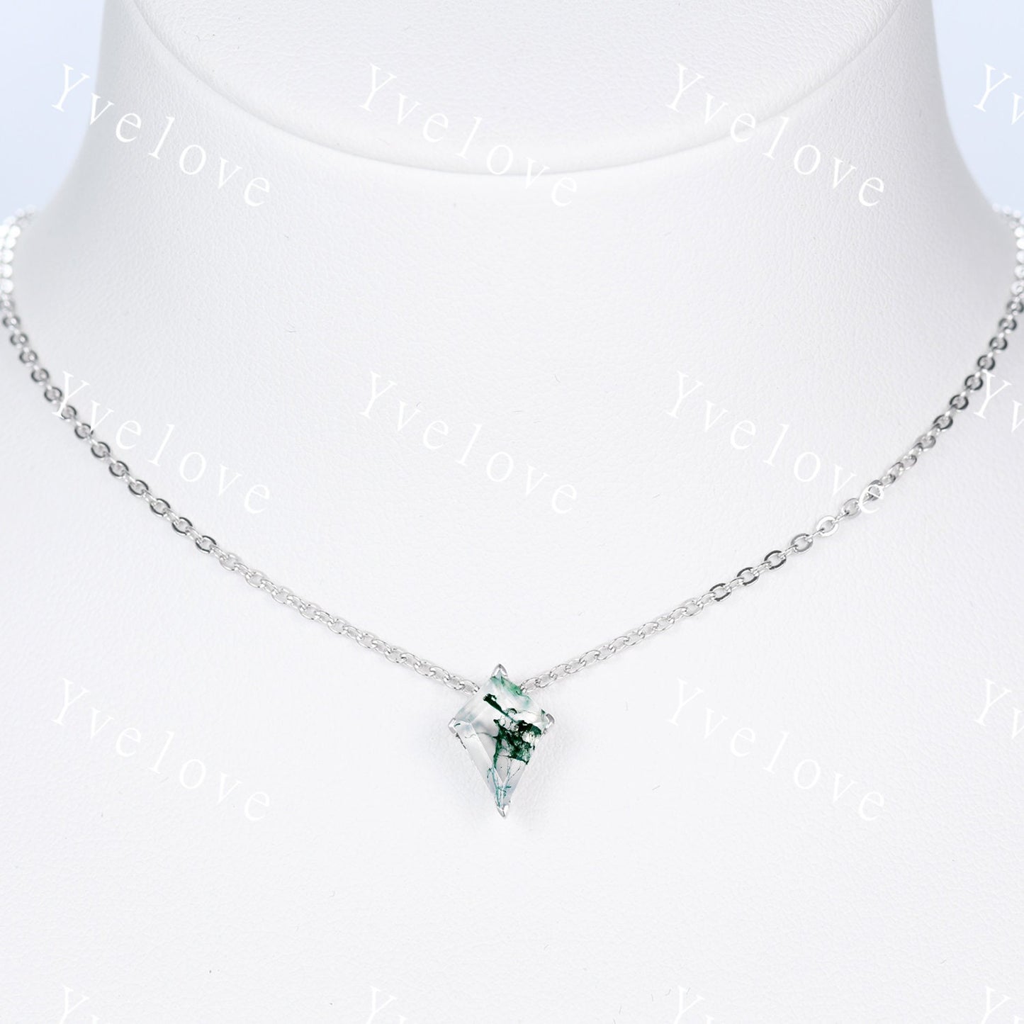 Unique Kite shaped Moss agate Pendant,Green Agate Necklace,Silver Art Deco Necklace,Vintage Women Bridal Promise Gift Birthday Gift for Her